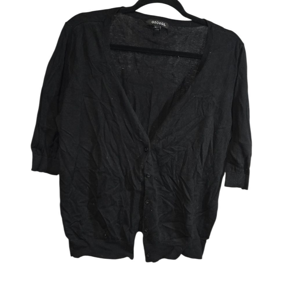 Classic Black Button-Front Cardigan Sweater | Short Sleeve Scoop Neck | XXL 20